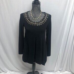 Casting Top Womens Size Small Bedazzled Black Knit Concave Hem Tunic Party NEW